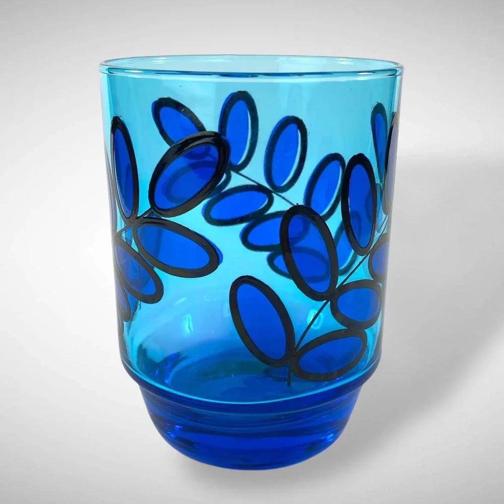 Set of 6 Electric Blue Glass Tumblers Abstract Leaf‎ Design Vintage Barware